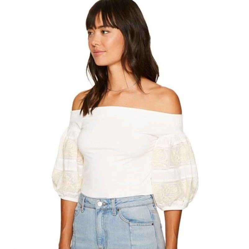 Free People Ivory Knit Top Rock With It Embroidered Off Shoulder Size S